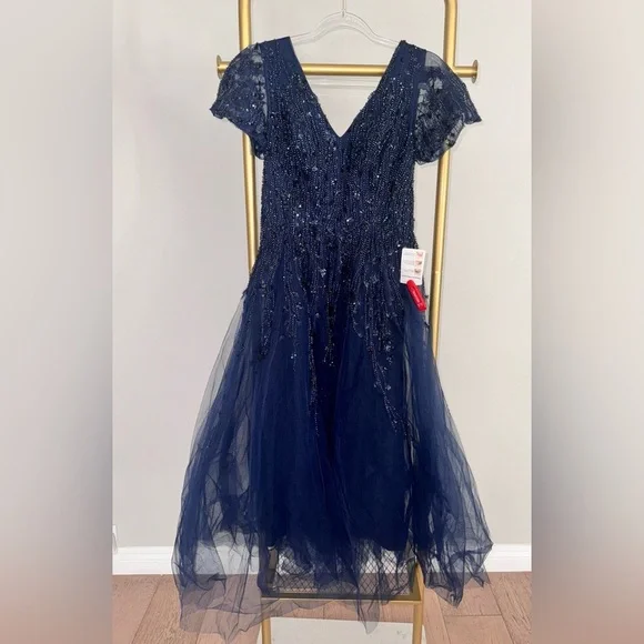 NEW MAC DUGGAL Embellished Flutter Sleeve Tea-Length Dress Midnight Navy 20304 - Picture 7 of 9